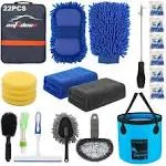 Autodeco 22Pcs Car Wash Cleaning Tools Kit Car Detailing Set with Blue Canvas Bag Collapsible Bucket Wash Mitt Sponge Towels Tire Brush Window Scraper