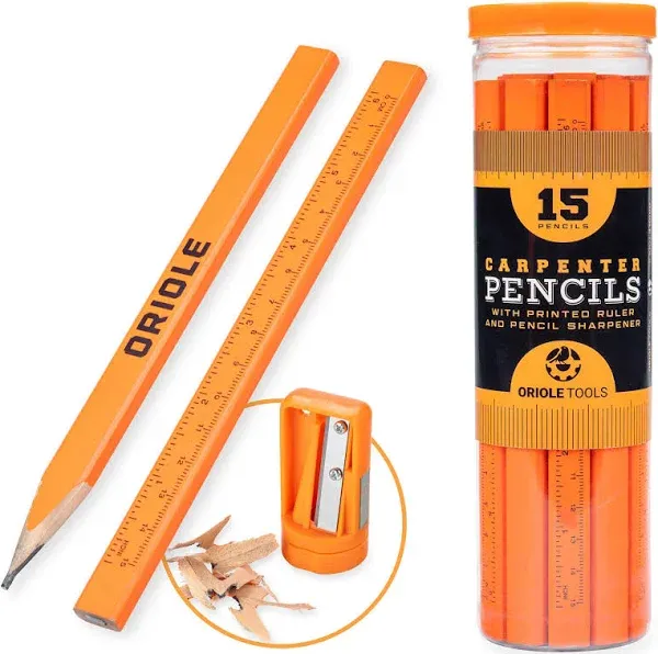 Oriole Tools Orange Carpenter Pencil Set - Includes 15 Flat Construction Pencils with Printed Ruler, 1 Carpenter Pencil Sharpener & 1 Clear Storage