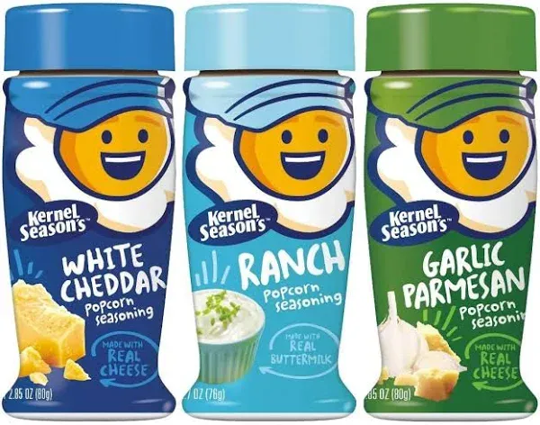 Kernel Season's Popcorn Seasoning Variety of 3, Ranch Parmesan & Garlic and White Cheddar, 2.85 Ounce (set of 3 seasonings)