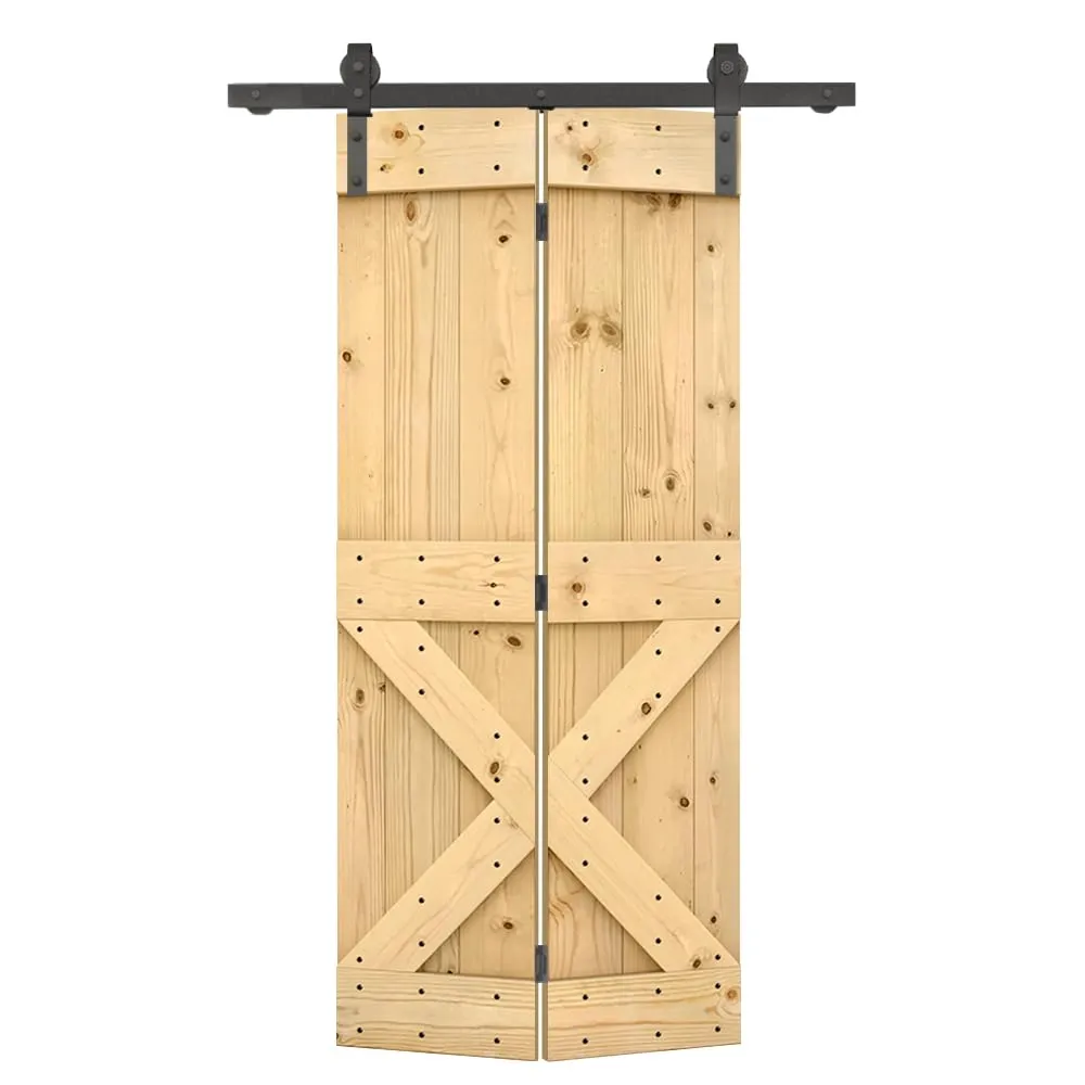 32 in. x 84 in. Mini X Series Unfinished DIY Wood Bi-Fold Barn Door with Sliding Hardware Kit