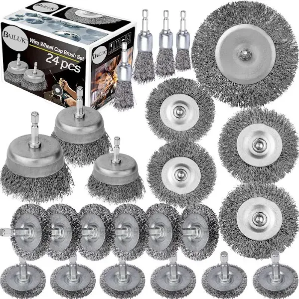 BAILUK Wire Wheel Cup Brush Set,0.012-Inch Coarse Crimped Carbon Steel,Die Grinder Wire Brush for Drill,1/4In Hex Shank,Wire Drill Brush