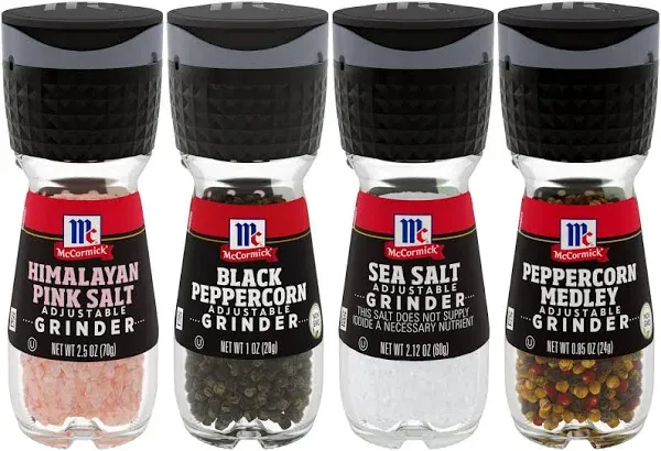 McCormick Salt & Pepper Grinder Variety Pack, Himalayan Pink Salt, Sea Salt, Black Peppercorn, and Peppercorn Medley, 6.47 oz