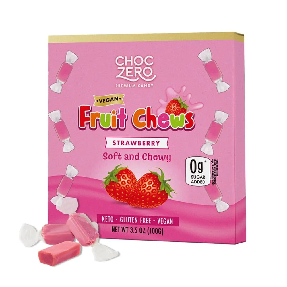 ChocZero Sugar Free Strawberry Fruit Chews, All Natural Ingredients, Vegan, Keto Friendly, Soft and Chewy Candy, 3.5 Ounce Box (Pack of 1)