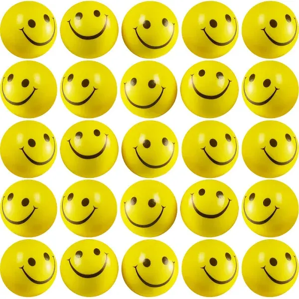 Smile Face Squeeze Balls (24 Pcs Bulk) for Kids and Adults, 2 Inch Mini Yellow Fun Happy Face Stress Anxiety Relief Balls, Hand Therapy Sensory Fidget Toy, Classrooms, Game Prize, Party Favor Gift