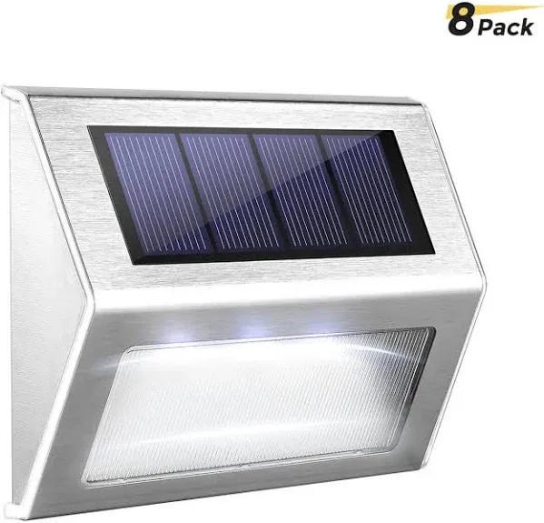 JACKYLED 7 LED Solar Step Lights, 3-Side Lenses, Waterproof, Stainless Steel, Garden, Patio, Deck, Fence, Stairs, 8-Pack, Cool White