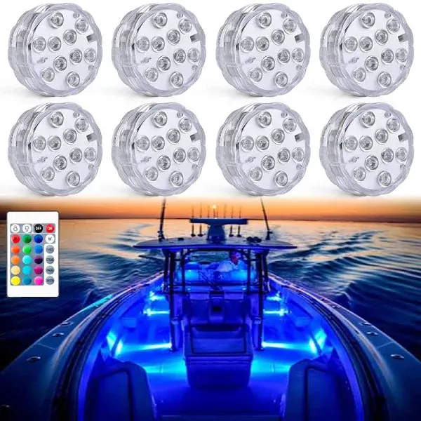 Boat Lights Wireless Battery Operated, Waterproof Marine Led Light for Deck Light Courtesy Interior Lights, for Fishing Kayak Duck Jon Bass Boat, RGB Multi Color Remote Controlled, 8pcs