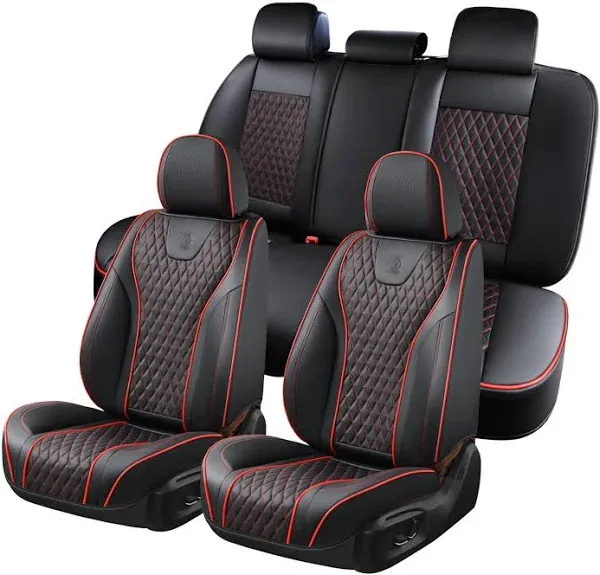 Doogo Seat Covers Full Set, Leather Seat Covers, Waterproof 5 Seats Black and Red Driver Seat Covers, Car Seat Protector Accessories Fit for Most Vehicles