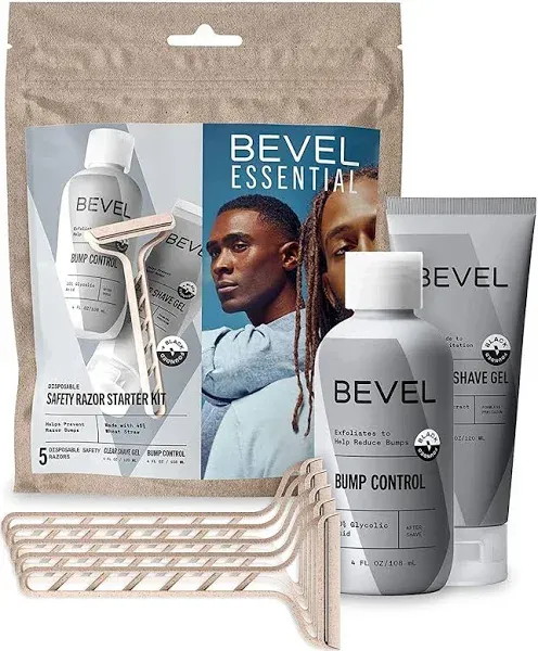 Bevel Essentials Disposable Safety Razor Shaving Starter Kit for Men, Includes 5 Stainless Steel Double Sided Safety Razors, Clear Shave Gel, and Post Shave Bump Control Cream