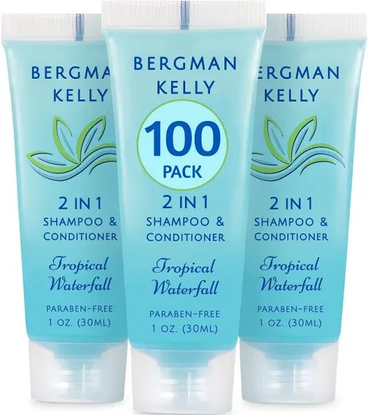 Bergman Kelly - Travel Size 2 in 1 Shampoo & Conditioner - 1 fl oz, 100 PK, Tropical Waterfall - Delight Your Guests w/Invigorating & Refreshing Shampoo Amenities - Small Hotel Toiletries in Bulk