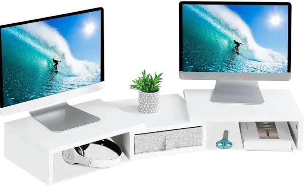 White Dual Monitor Stand Riser with Drawer - Length and Angle Adjustable Double 