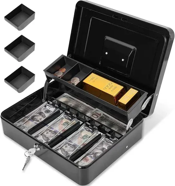 Cash Box with Lock and 2 Keys, Large Cash Boxes, Metal Money Box with Cash Tray, Lock Safe Box, Portable Cash Lock Box,4 Bill/5 Coin Slots, 11.8L x 9.5W x 3.5H Inches (Key-Black)