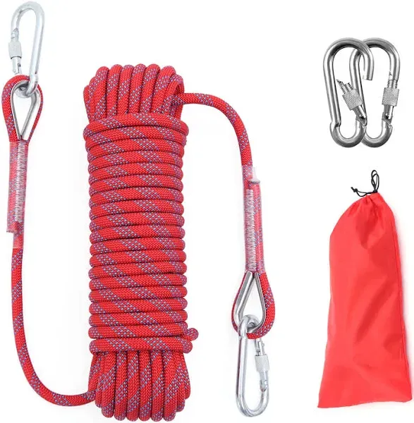 10mm/12mm Outdoor Climbing Rope Static Rock Climbing Rope, Tree Climbing Rappelling Rope, Escape Nylon Rope, Ice Climbing Equipment Fire Rescue Parachute Rope with 2 Steel Hooks