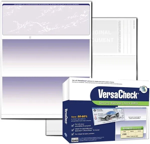 VersaCheck Security Business Check Refills: Form #1000 Business Voucher - Blue - Prestige - 1000 Sheets