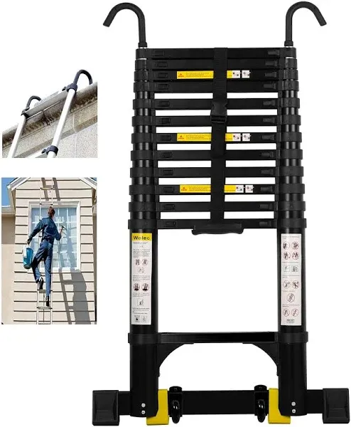 Telescoping Ladder, 12.5FT Aluminum Lightweight Portable Telescopic Ladder, Stabilizers & Wheels, Heavy Duty 330lbs Max Capacity,Extension Ladder for Roofs, RVs, Outdoor-Black