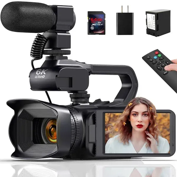 6K 64MP Video Camera Camcorder, 18X Digital Zoom IR Night Vision Vlogging Camera for YouTube, 4.0" Touch Screen Digital Camera with WiFi, Microphone, 64G SD Card, Remote Control, Charger