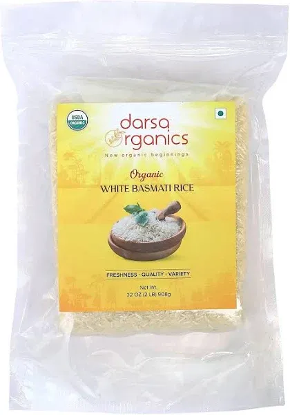 Darsa Organics White Basmati Rice 2 lb - USDA Organic Long Grain Rice, Non GMO, Chemical Free, Kosher, Perfect for Indian Dishes & Gluten Free Diets, Basmati Rice Organic, Resealable Bag