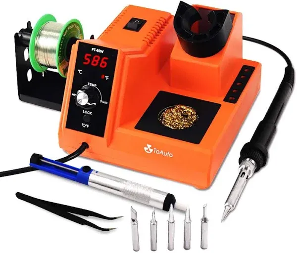 TOAUTO Soldering Station,80W Digital Solder Iron Station Kit with 176°F-896°F Temperature, C/F Func, Auto Standby & Sleep, Temperature Lock,5 Extra Solder Tips, Solder Bracket, Solder Sucker (Orange)