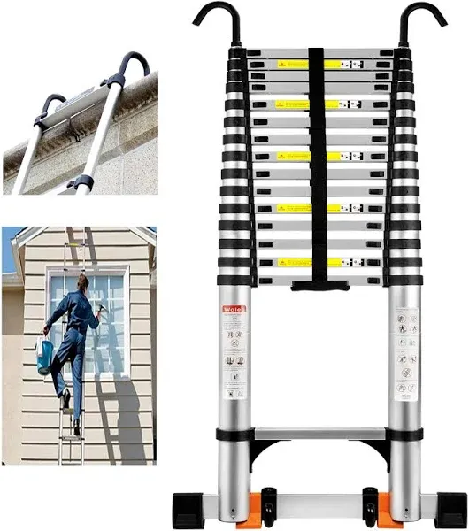 Telescoping Ladder, 12.5FT Aluminum Lightweight Portable Telescopic Ladder, Stabilizers & Wheels, Heavy Duty 330lbs Max Capacity,Extension Ladder for Roofs, RVs, Outdoor-Black