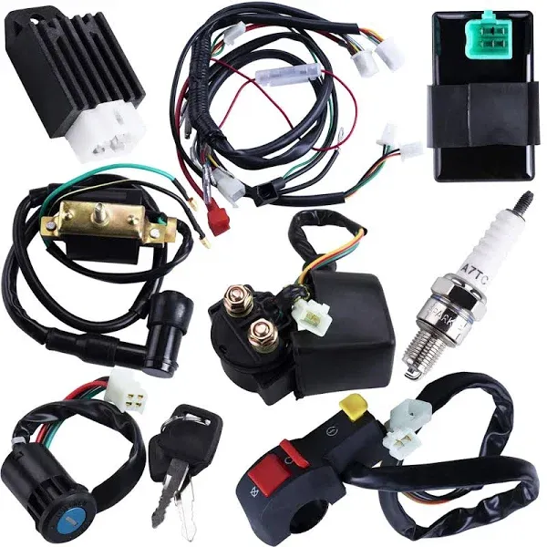 Full Wiring Harness Loom Coil Regulator CDI Solenoid Relay Spark Plug for 4 Stroke ATV 50cc 70cc 90cc 110cc 125cc Dirt Pit Bike Electric Start Engine