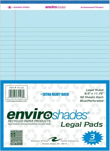 Roaring Spring Enviroshades Legal Notepads 50 Blue 8.5 x 11 Sheets 74123