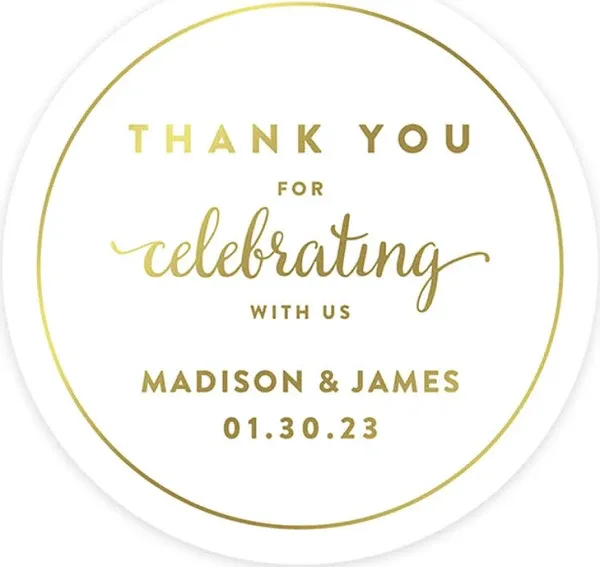 Andaz Press Personalized Round Circle Wedding Favor Gift Labels Stickers, Metallic Gold Ink, Thank You for Celebrating with US, 40-Pack, Custom Made Any Name