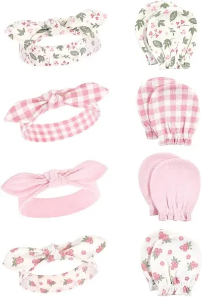 Hudson Baby Cotton Headband and Scratch Mitten Set, Gingham Floral, 0-6 Months