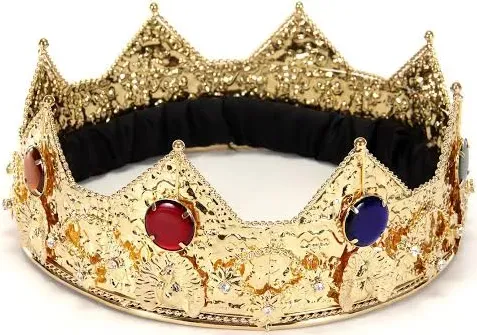 Gold King Costume Crown - Metal and Rhinestone Construction, Decorative Gem Accents, Costume Hat