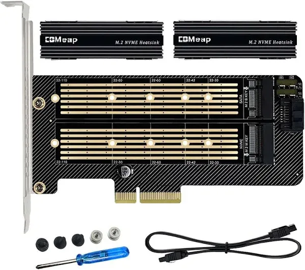 Dual M.2 PCIE Adapter for SATA or PCIE NVMe SSD with Advanced Heat Sink Solut...