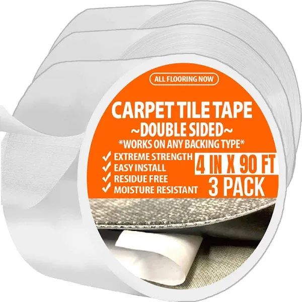 Carpet Tape Double Sided Heavy Duty 4inx90ft (3 Pack) Rug Gripper Indoor Outdoor Grip Tapes for Area Rugs on Hardwood Vinyl Concrete Wood Turf Floor Adhesive Two Sided Stick Carpeting