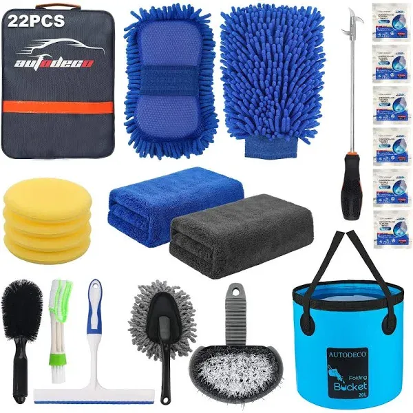 AUTODECO 22Pcs Car Wash Cleaning Tools Kit Car Detailing Set with Blue Canvas Bag Collapsible Bucket Wash Mitt Sponge Towels Tire Brush Window Scraper