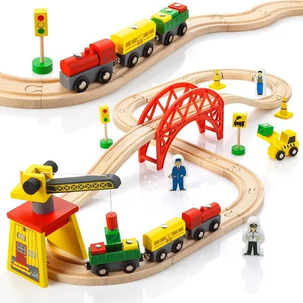 Wooden Train Sets for Boys 2-4-7 – 38 Pcs Wood Train Set for Toddlers w/Crane, Bridge & Wooden Train Tracks – Train Toys for 3 Year Old Boys & Girls – Fits Thomas Brio IKEA Melissa and Doug