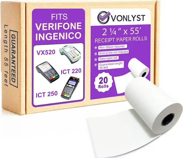 Thermal Paper Roll 2 1/4 x 55 for Verifone Vx520 Ingenico ICT220 ICT250 FD400 (20 rolls)