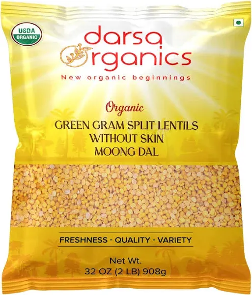 Darsa Organics Split Green Gram 2 lb - Moong Dal Organic without Husk, USDA Certified, Non-GMO, Chemical-Free, Kosher, Yellow Mung Beans, Split Mung Beans Ideal for Indian Dishes & Healthy Recipes