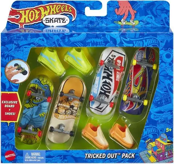 Hot Wheels Skate 4 Fingerboards & 2 Pairs of Removable Skate Shoes, Tricked Out Pack of Fully Assembled Boards, 1 Exclusive Set