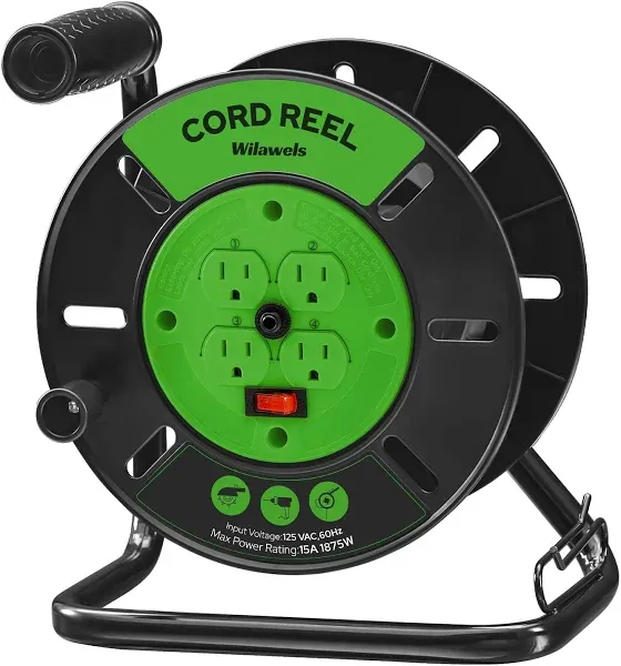 Extension Cord Storage Reel with 4-Grounded Outlets, 15A Circuit Breaker, Heavy Duty Open Cord Reel for 12/3,14/3,16/3 Gauge Power Cord, Hand Wind Retractable, ETL Listed, Green J95CR06