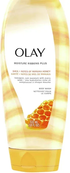 Body Wash by Olay, Moisture Ribbons Plus Shea + Manuka Honey Body Wash, 18 fl oz (Pack of 4)