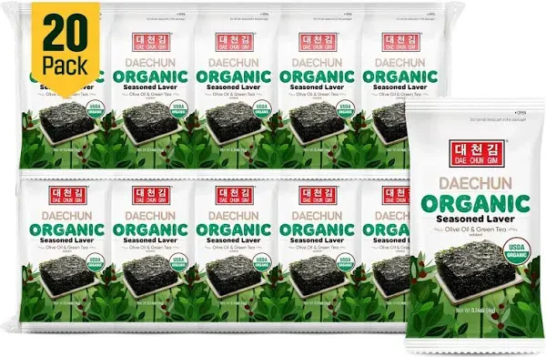 CHOI's 1 Organic Olive Oil & Green Tea Seaweed Snacks /(20 Pack) /Product of Korea/Kimbap, Gimbap, Organic, Organic Olive Oil, Oragnic Sesame Oil, Vegan, Keto, Gluten Free