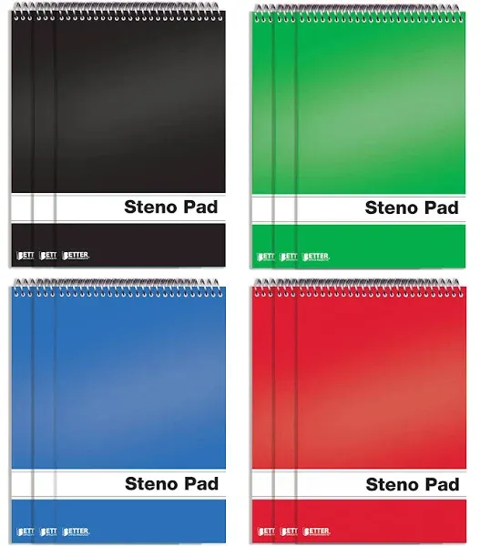 Better Office Products Spiral Steno Pads, 12 Pack, 6 x 9 inches, 80 Sheets, White Paper, Gregg Rule, Assorted Solid Colors (Red, Black, Blue, Green), 12 Steno Notebooks