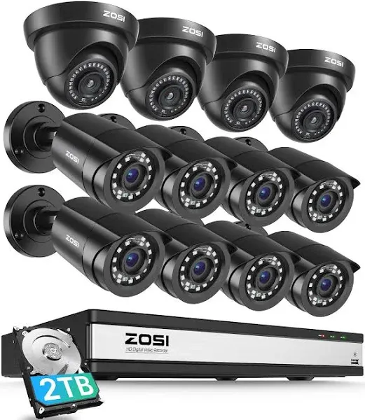 ZOSI 16CH 3K Lite Security Camera System with 2TB HDD,AI Human/Vehicle Detection,Night Vision,Remote Access,H.265+ 16 Channel 5MP Lite HD-TVI DVR with 12PCS 1080P Outdoor Indoor Surveillance Cameras