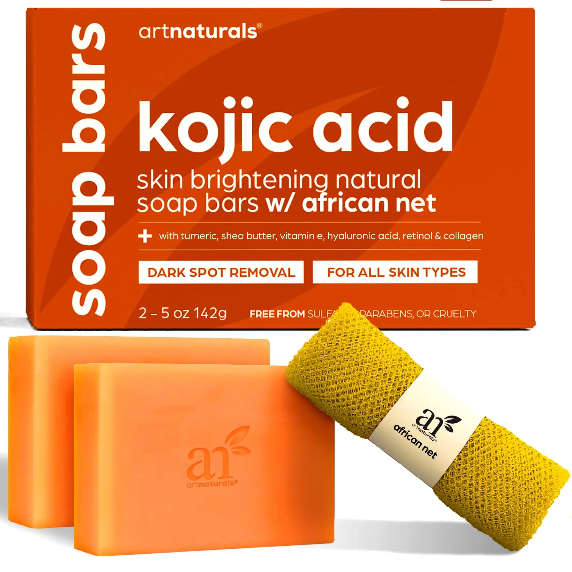 Kojic Acid Soap + African Net Sponge (2 pack X 142g Turmeric bars) Dark spot remover, Hyperpigmentation & Scars - Original Japanese Complex Vitamin C, Hyaluronic Acid, retinol, shea butter (Citrus)