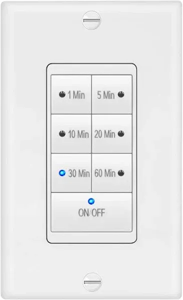 Maxxima 1875 Watt 7 Button Countdown Timer Switch - Maximum 60 Minutes Delay, 1/2 HP for Bathroom Exhaust Fans, Indoor Automated Lighting, Featuring LED Indicator Lights, Wall Plate Included