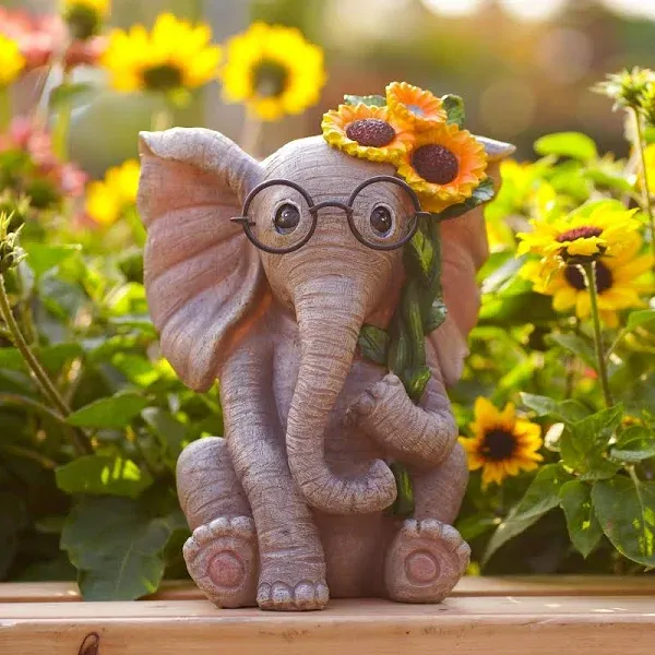 Pohabery Outdoor Sculpture Statue Elephant Decor,Solar Garden Elephant with 2 LED Flowers Lights for Patio,Lucky Elephant Birthday Gifts for Women