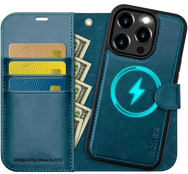 OCASE for iPhone 15 Pro Max Case Detachable Wallet Case with Card Holder, [2 in 1] PU Leather Flip Folio Case with RFID Blocking Stand Shockproof Phone Cover 6.7 Inch, Peacock Blue