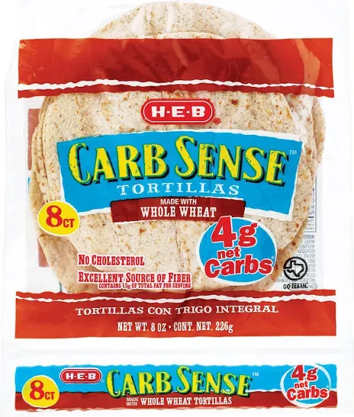 HEB Carb Sense Wheat Tortillas | Keto Friendly, Low Carb Tortilla | 8 count each | 2 Packages Low carb Tortillas | Low Carb, Keto, Whole Grains | High Fiber, No Sugar | Small Size | 8 Count | (Wheat)