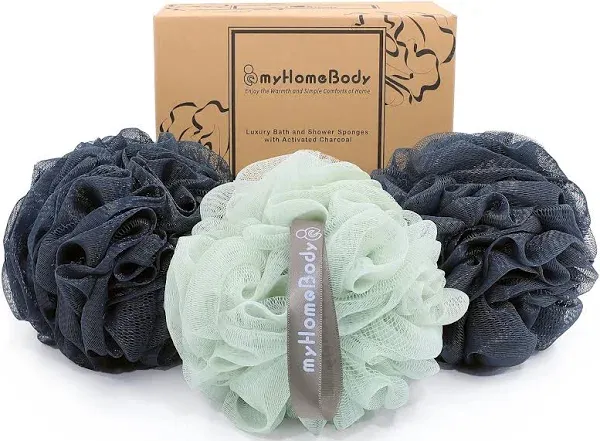 myHomeBody Large 70g Loofah Sponge, Body Scrubber, Bath Sponge, Loofah for Women, Men, Exfoliating Sponge Shower Pouf with Activated Charcoal - 3 Pack, 2 Navy Blue + 1 Sea Foam Green