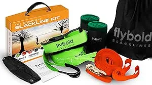 Flybold Slackline Kit | Slack Line Longer | 57 ft Line with Training Line | Tree Protectors, Arm Trainer, Ratchet Cover and Carry Bag | Tight Rope SLA