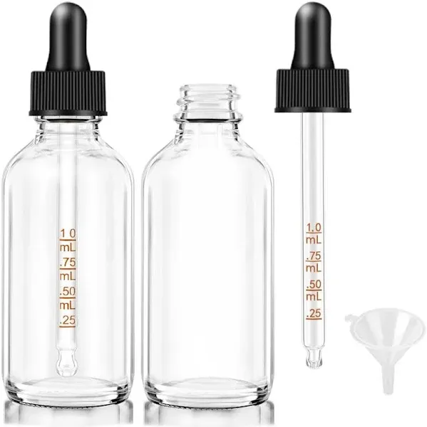 2 pack Dropper Bottle 2 oz, Clear Glass Eye Dropper Bottles for Essential Oils with Labels and Funnel, Leakproof Tincture Bottles with Measured dropper