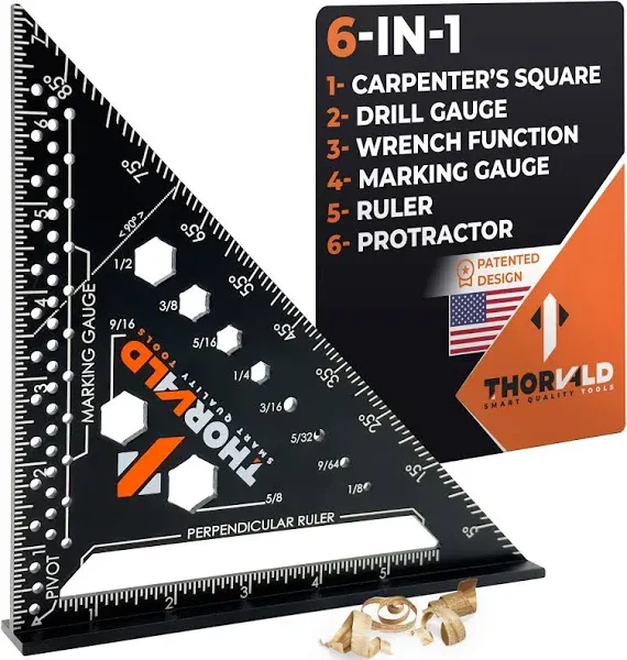 THORVALD 6-in-1 Carpenter Square 7 inch (1/16" Precision) T Square Multi-Purpose Carpenter Tools : Wrench, Square, Protractor, Ruler, Marking Gauge, Drill Gauge