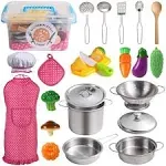 Juboury Kitchen Pretend Play Toys with Stainless Steel Cookware Pots and Pans SE