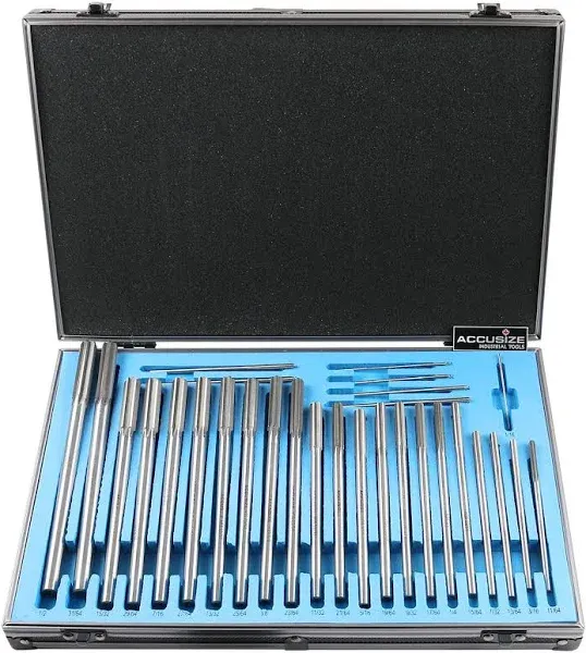 Accusize Industrial Tools 29 PC Set 1/16 to 1/2 inch by 1/64 in HSS M2 Premium Chucking Reamers, Straight Flute, Aluminum Case, 5528-sf00, 1/16' Thru